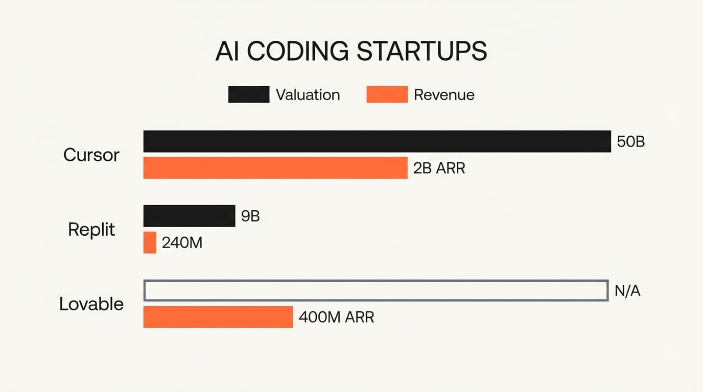 AI coding startup valuations and revenue comparison chart showing Cursor at $50B valuation with $2B ARR, Replit at $9B with $240M revenue, and Lovable at $400M ARR
