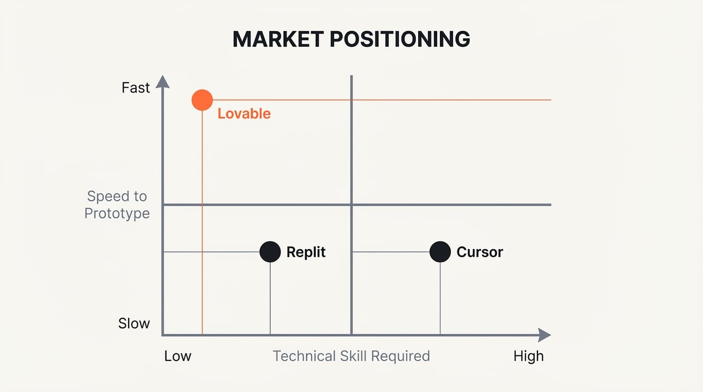 Positioning diagram showing Cursor targeting professional developers, Replit targeting non-technical builders and teams, and Lovable targeting rapid prototyping and idea validation