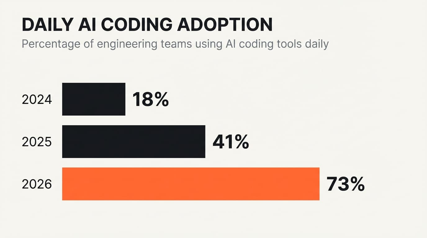 AI coding market adoption timeline showing growth from 18% daily use in 2024 to 41% in 2025 to 73% in 2026, with key milestones
