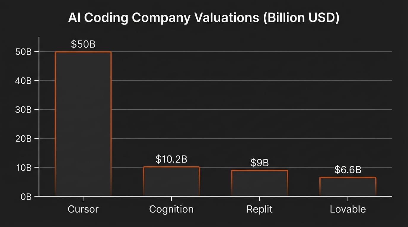 AI coding company valuations comparison chart showing Cursor at $50B, Cognition at $10.2B, Replit at $9B, and Lovable at $6.6B