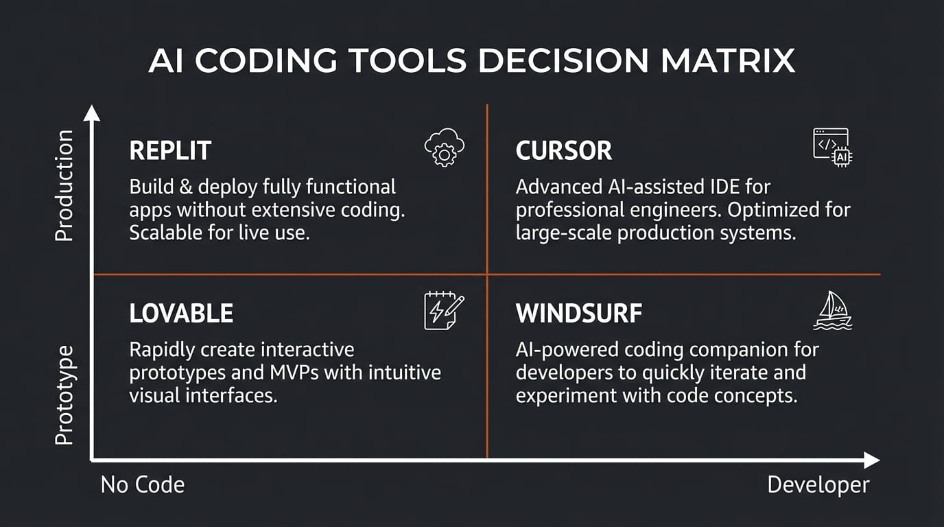 Decision matrix showing AI coding tools mapped by user skill level and project complexity