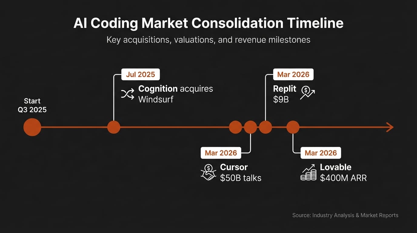 Timeline of AI coding market consolidation events in 2025 and 2026