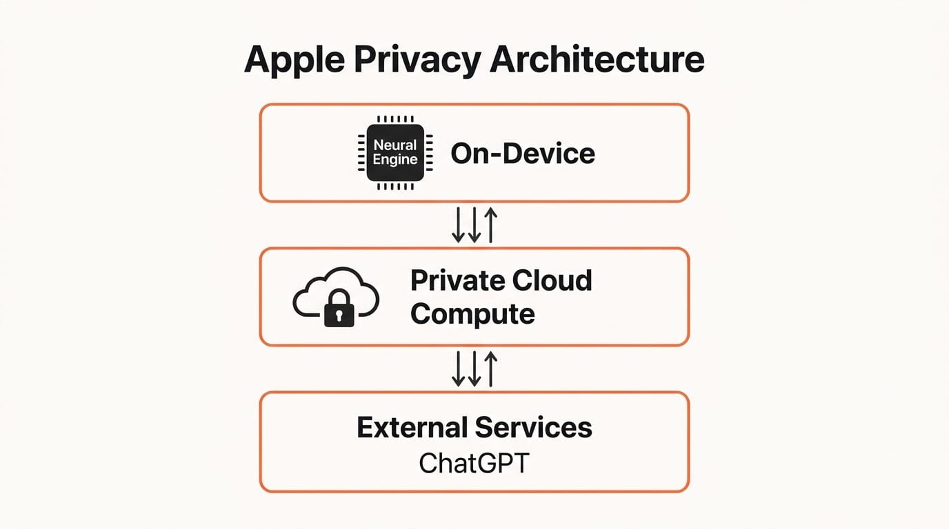 Three-tier diagram of Apple's privacy architecture: on-device, Private Cloud Compute, and external services