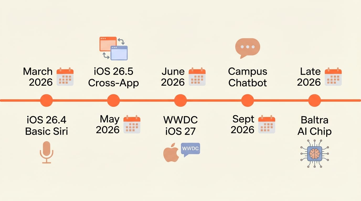 Timeline showing Siri rollout from iOS 26.4 in March through Baltra AI chip in late 2026