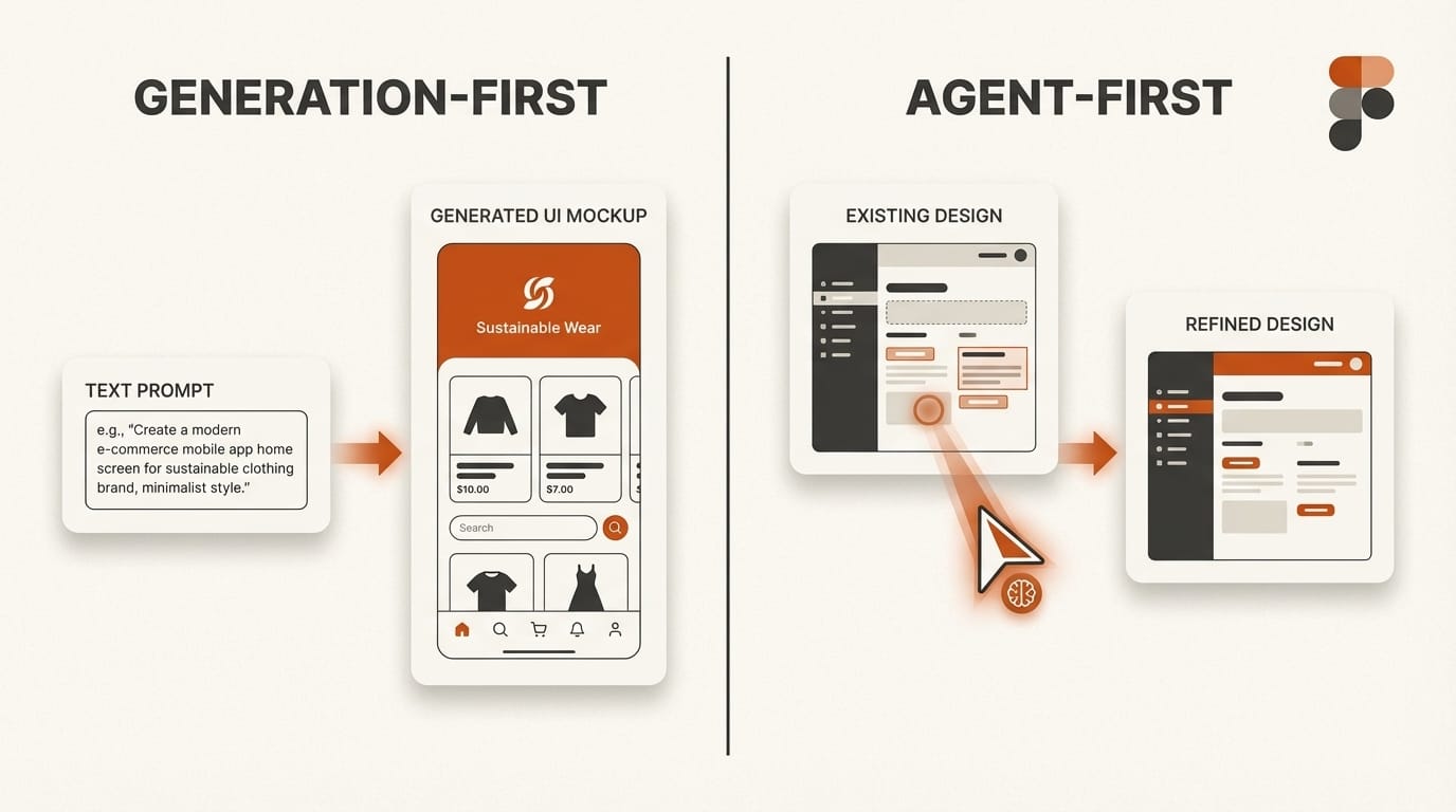Comparison of Google Stitch generation-first and Figma agent-first AI design approaches