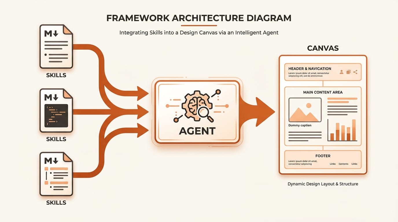 Figma Skills framework architecture showing markdown instruction files feeding agent behavior on canvas