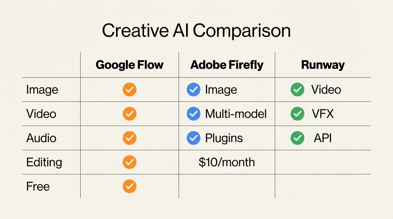 Comparison chart of Google Flow, Adobe Firefly, and Runway showing features and pricing