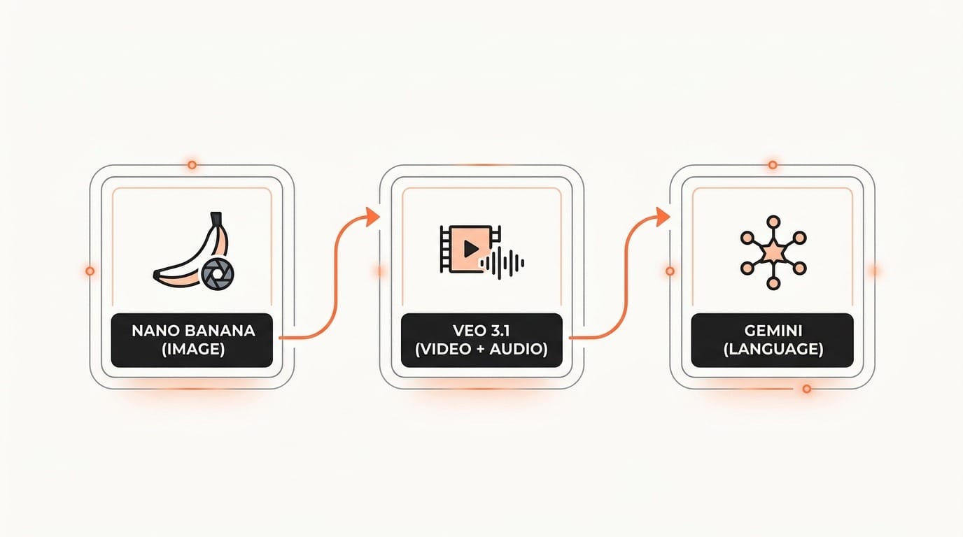 Diagram showing Google Flow's three-model engine: Nano Banana for images, Veo 3.1 for video and audio, and Gemini for language understanding