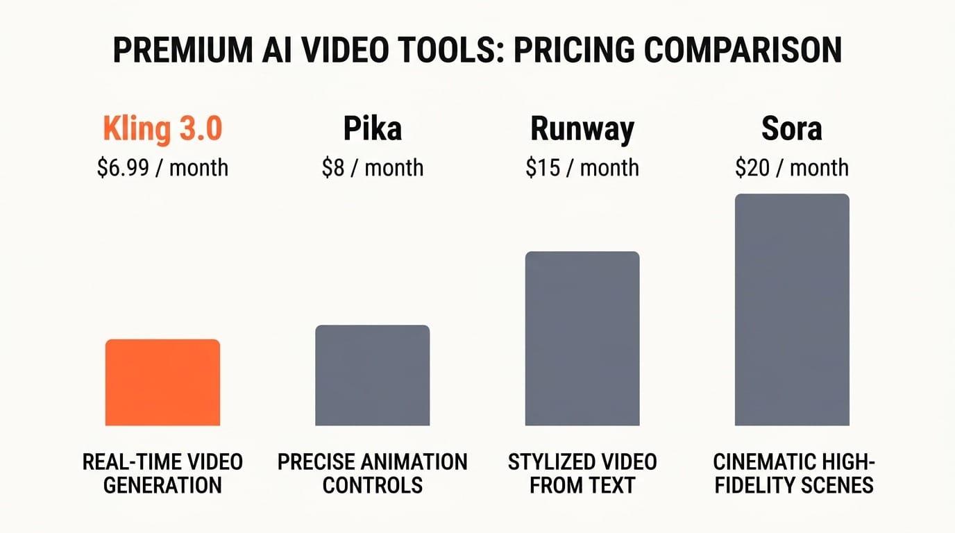 Pricing comparison showing Kling at $6.99, Pika at $8, Runway at $15, and Sora at $20 per month