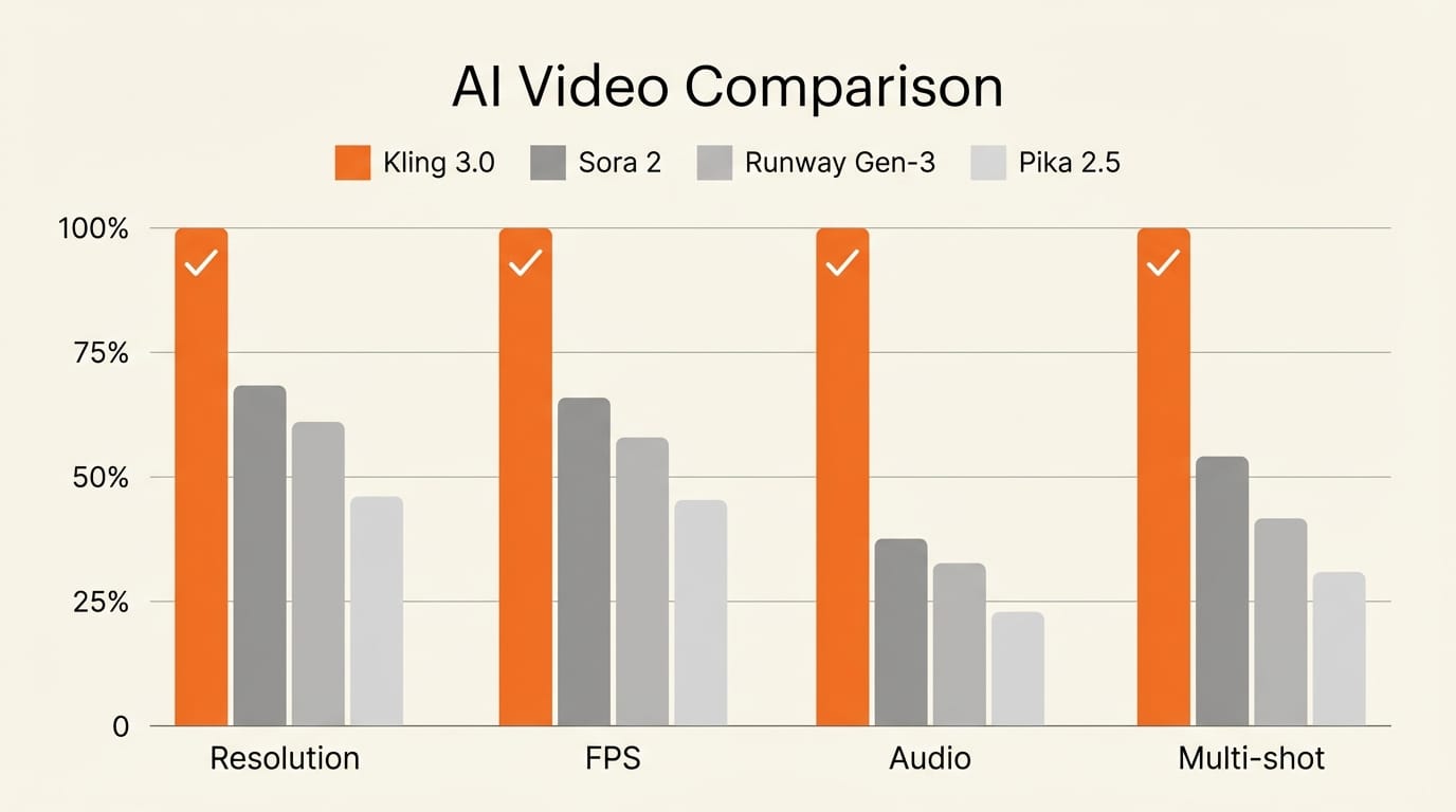 Bar chart comparing Kling 3.0, Sora 2, Runway Gen-3, and Pika 2.5 across resolution, FPS, audio, and multi-shot capabilities