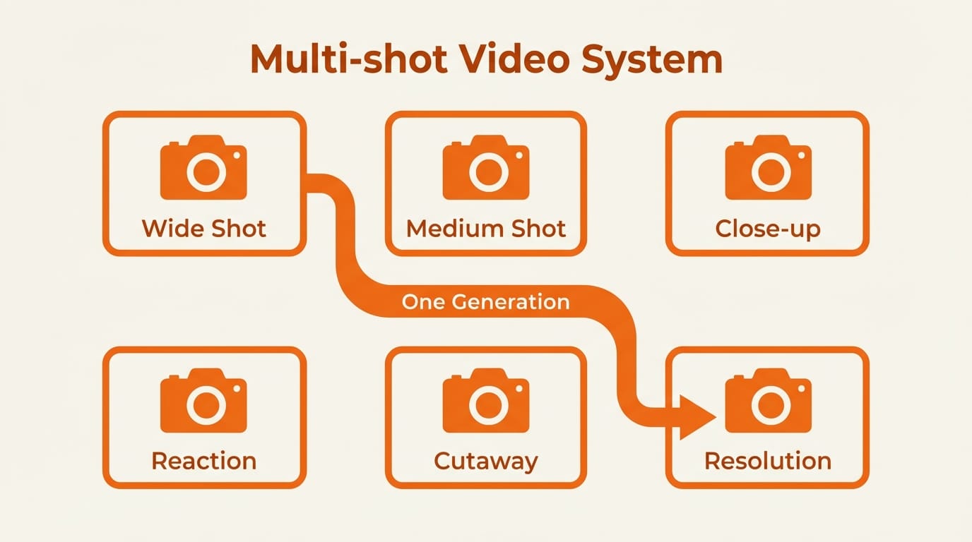 Six-panel storyboard grid showing multi-shot system with establishing shot, medium, close-up, reaction, cutaway, and resolution