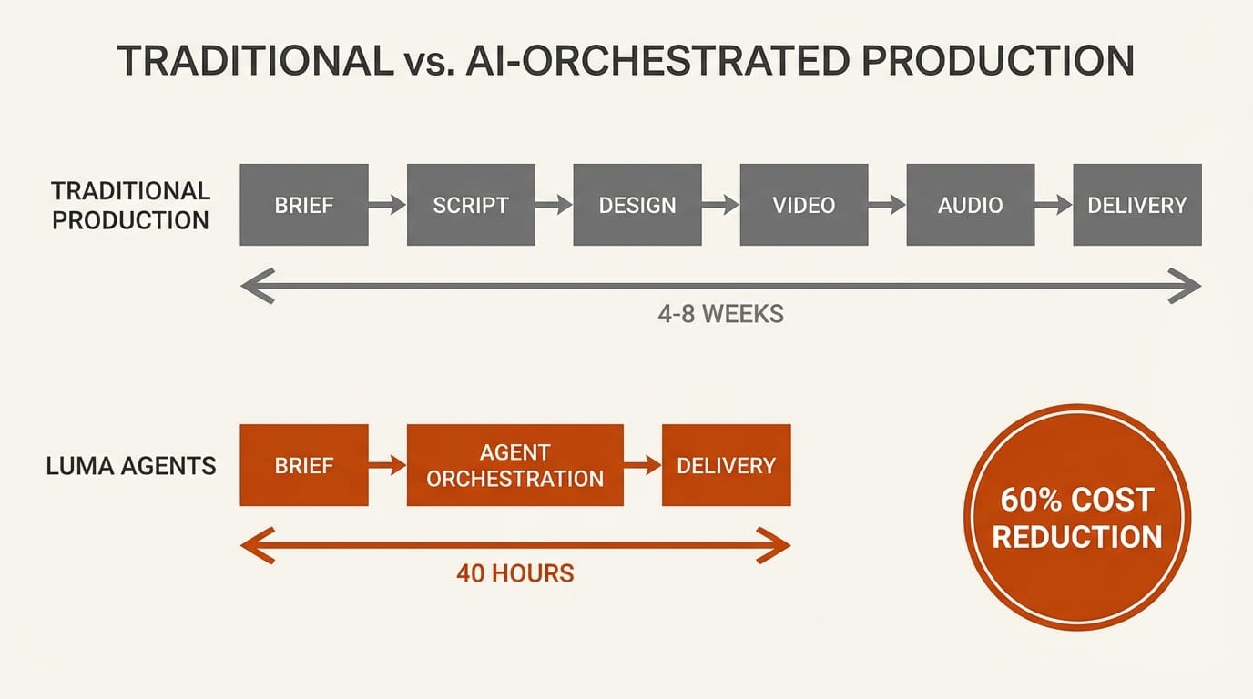 Before and after comparison showing traditional creative production timeline versus Luma Agents timeline
