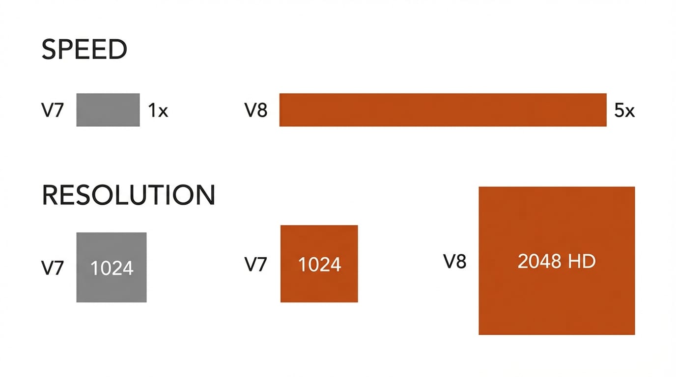 Midjourney V8 speed and resolution comparison showing 5x faster generation and 2K native output