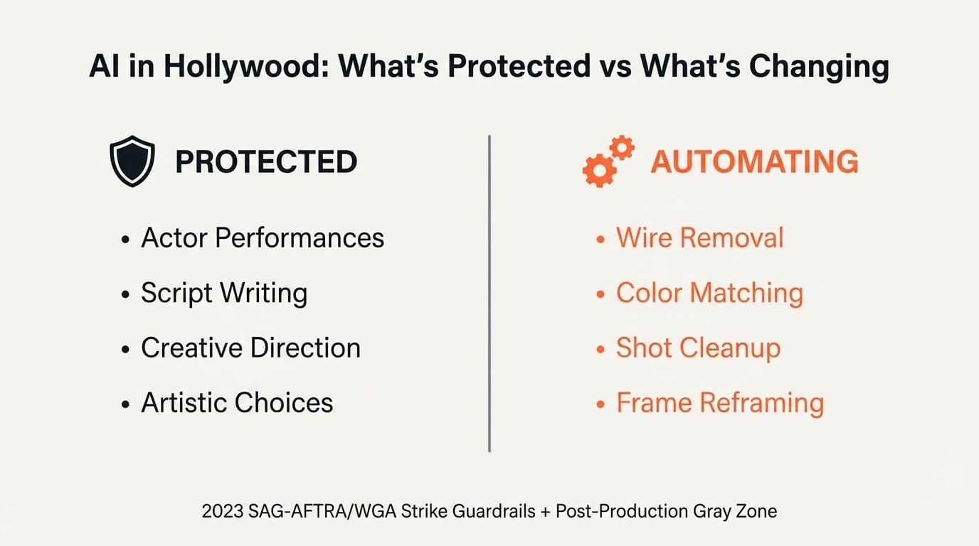 Comparison chart: AI in Hollywood showing protected creative roles versus automating technical tasks like wire removal and color matching