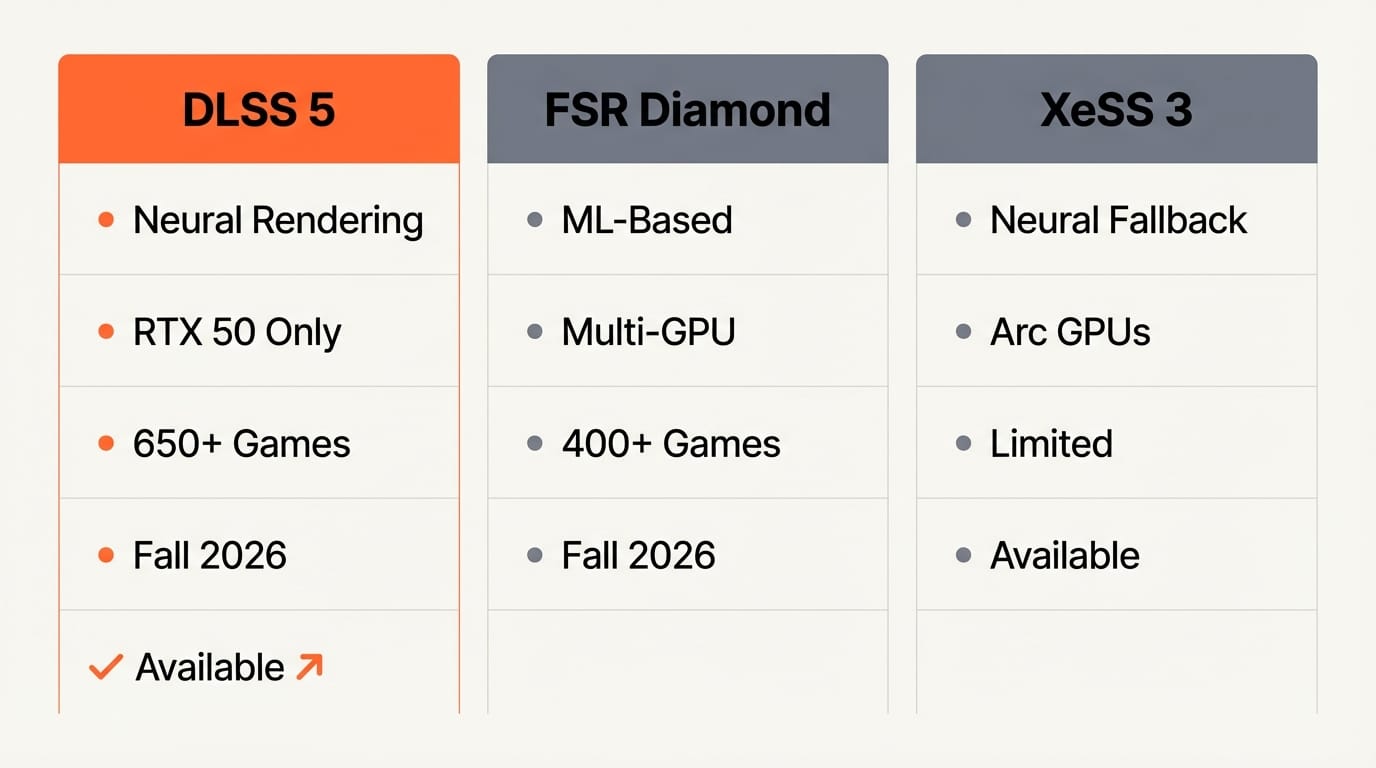 Competitive landscape of DLSS 5 vs AMD FSR Diamond vs Intel XeSS 3 features comparison