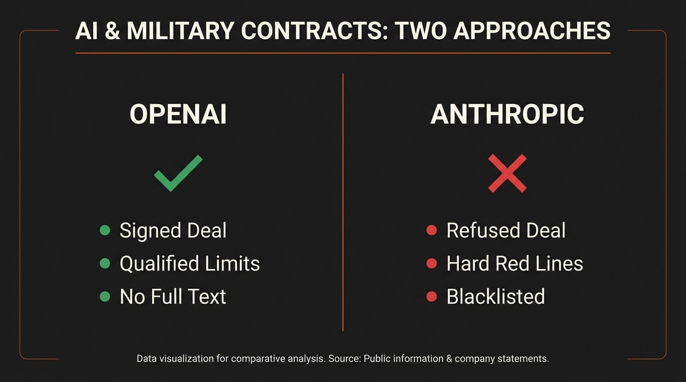 OpenAI Pentagon contract terms versus Anthropic refusal comparison