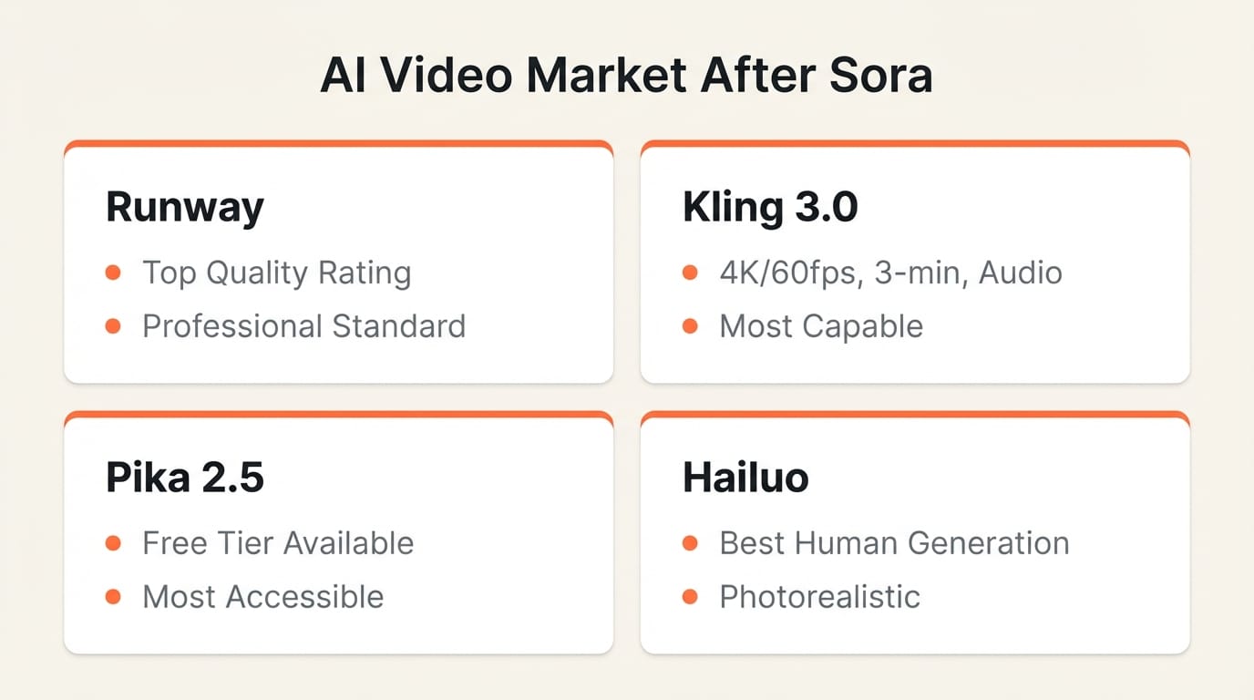 AI video generation competitive landscape showing market positions after Sora exit