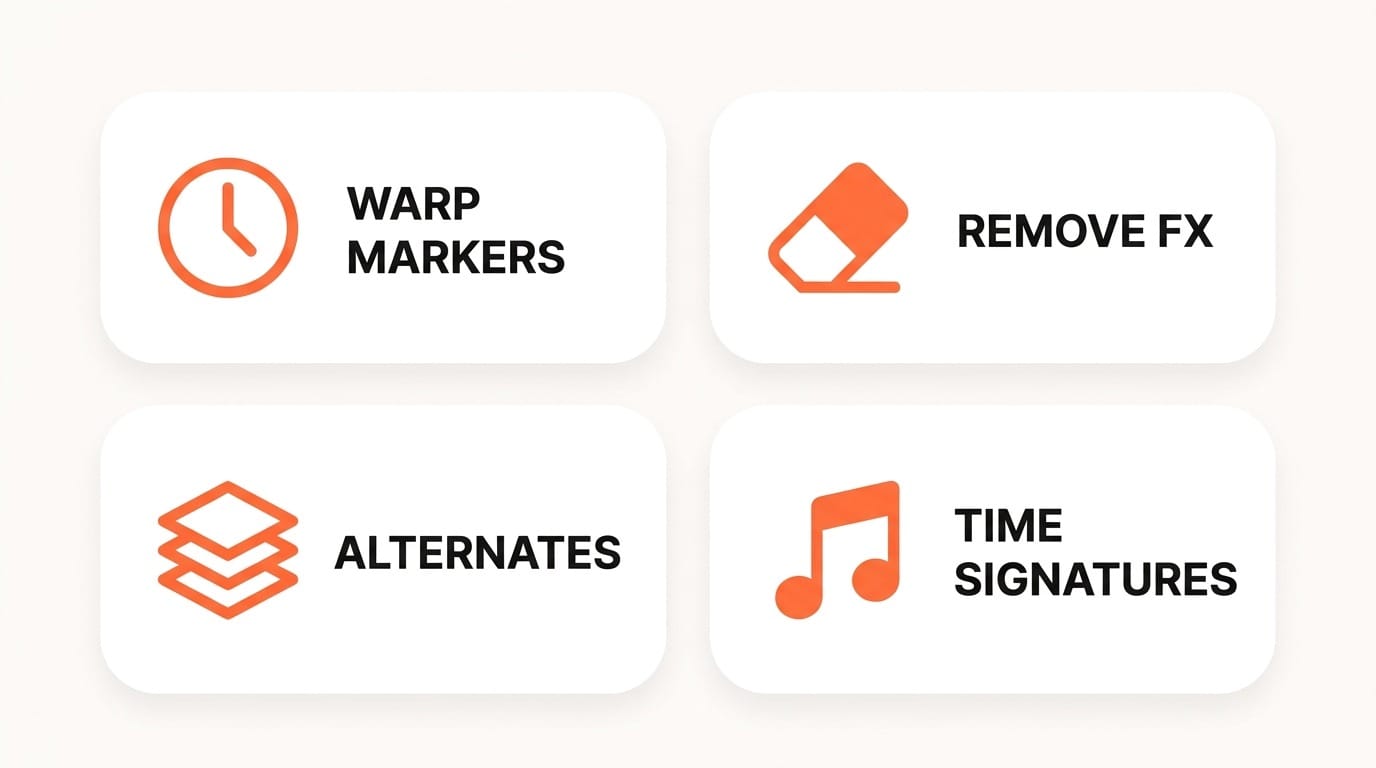 Icon grid showing four new Suno V5 DAW features: Warp Markers, Remove FX, Alternates, and Time Signatures