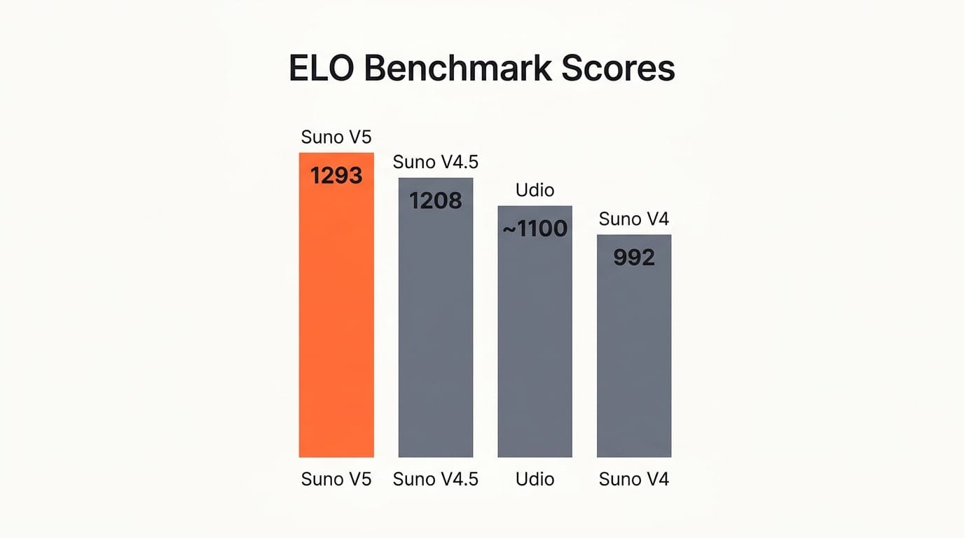 Bar chart showing AI music ELO benchmark scores with Suno V5 leading at 1,293