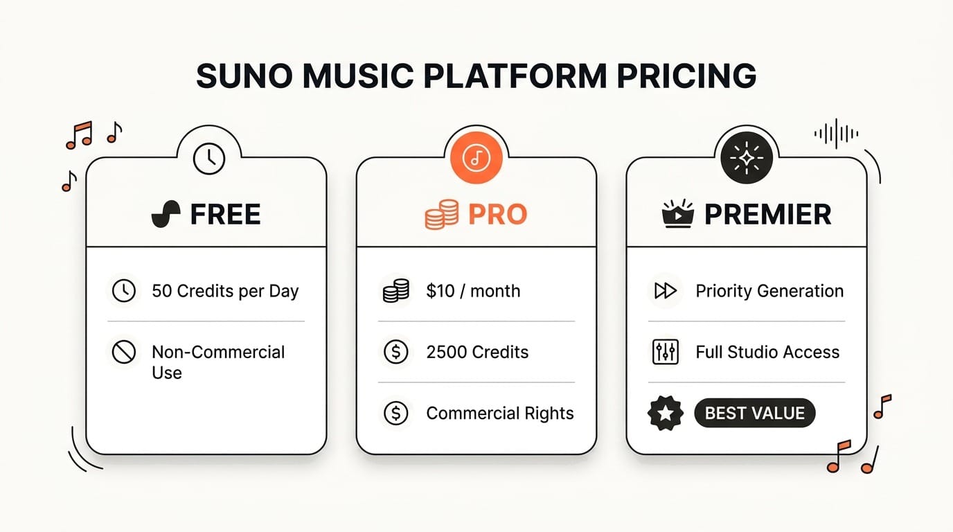 Three-tier pricing diagram for Suno: Free, Pro at $10/month, and Premier