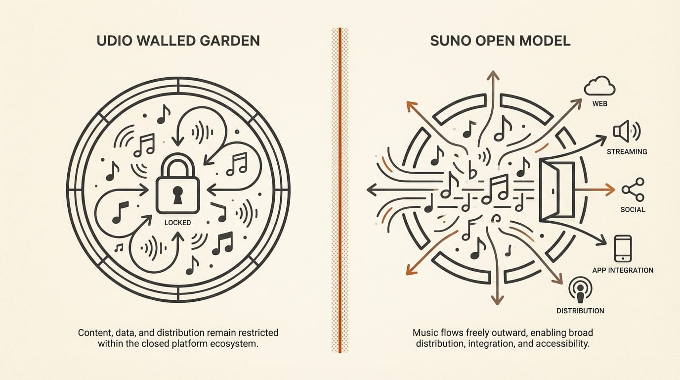 Diagram showing Udio walled garden model where AI music stays inside the platform versus Suno open model with downloads