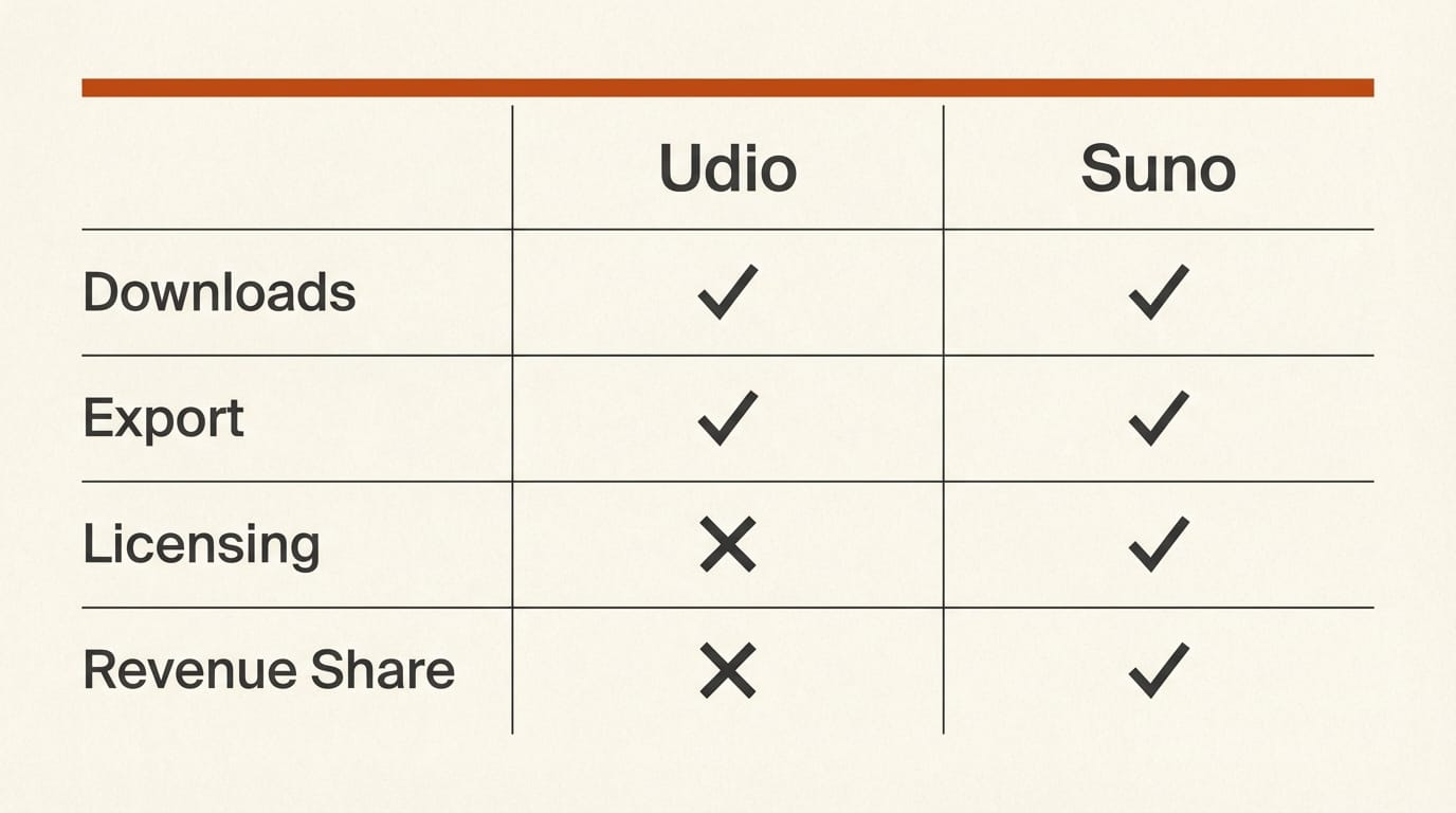 Comparison table of Udio versus Suno settlement terms showing download rights, export capabilities, and licensing structure