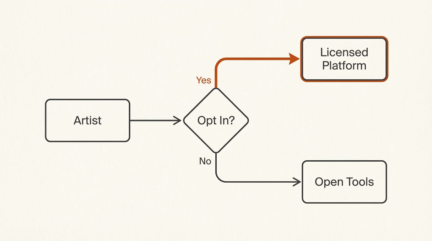 Flowchart showing artist opt-in decision process for Udio licensed platform