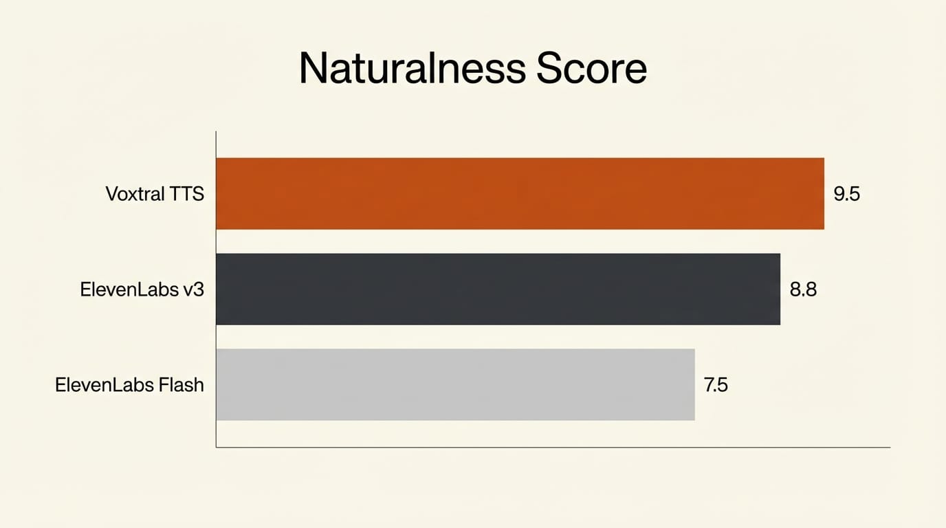Benchmark comparison chart of Voxtral TTS versus ElevenLabs Flash v2.5 and ElevenLabs v3 on naturalness and latency
