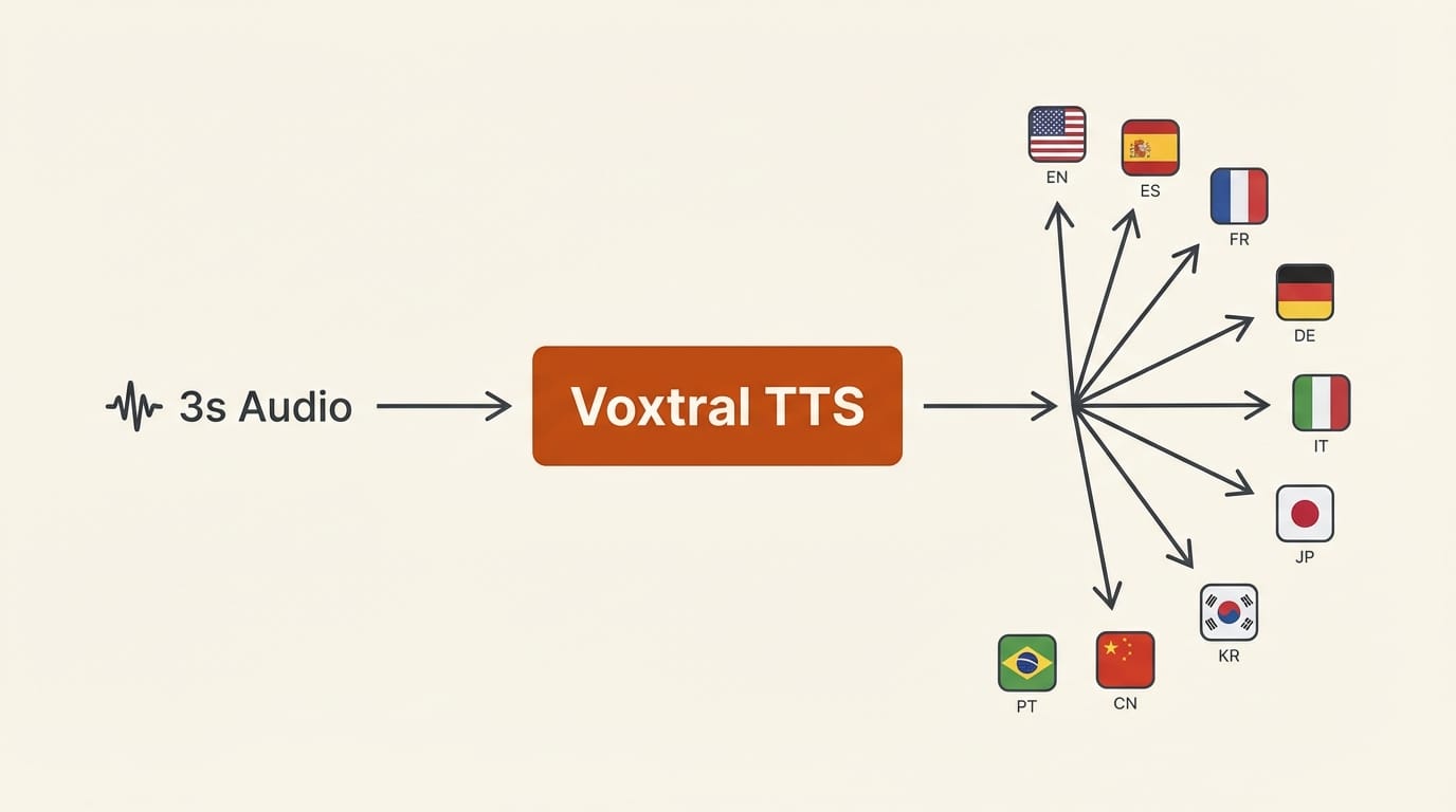 Voice cloning workflow showing 3-second audio reference input to Voxtral producing natural speech in 9 languages