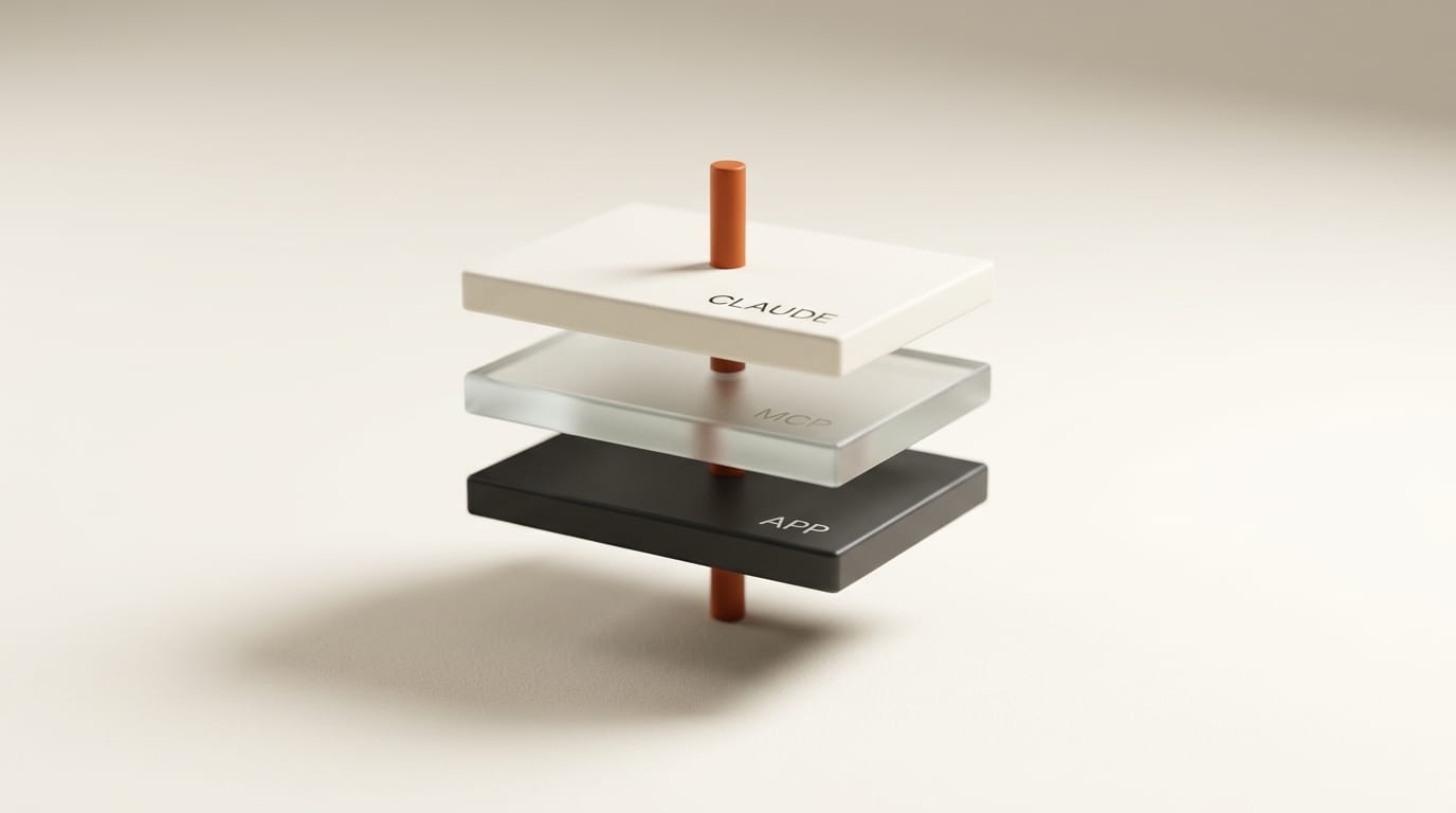 Layered diagram of MCP client to MCP server to creative app