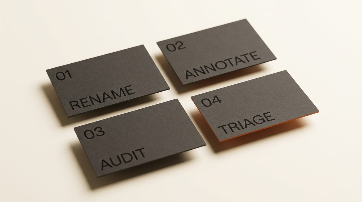 Four blessed Claude Blender workflows: rename, annotate, audit, triage