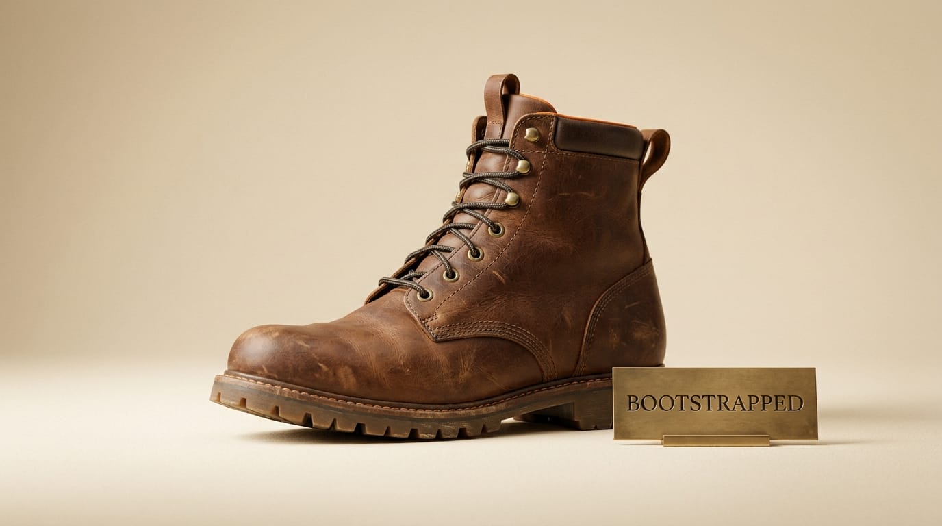 Bootstrapped work boot with brass placard symbolizing Freepik 15-year self-funded growth