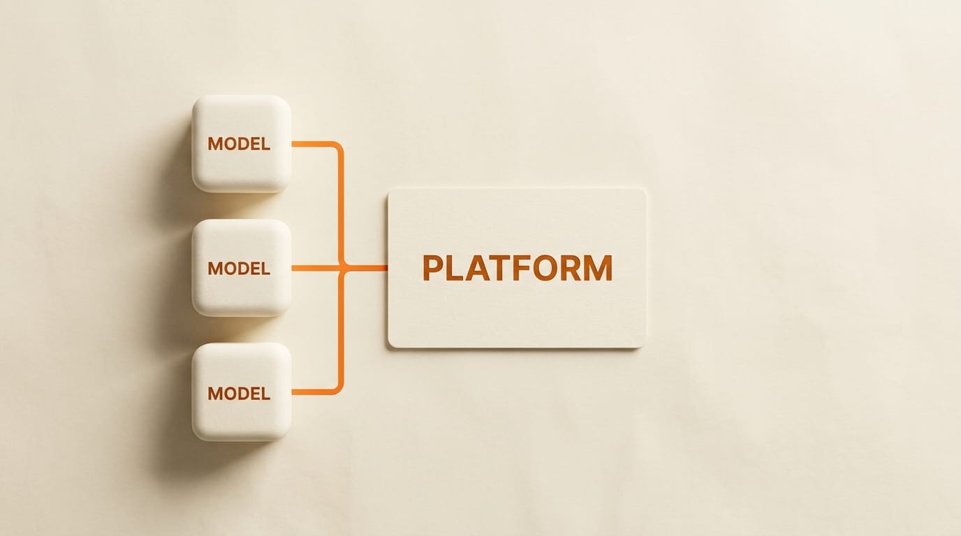 Model agnostic platform diagram three model nodes connected to single platform card