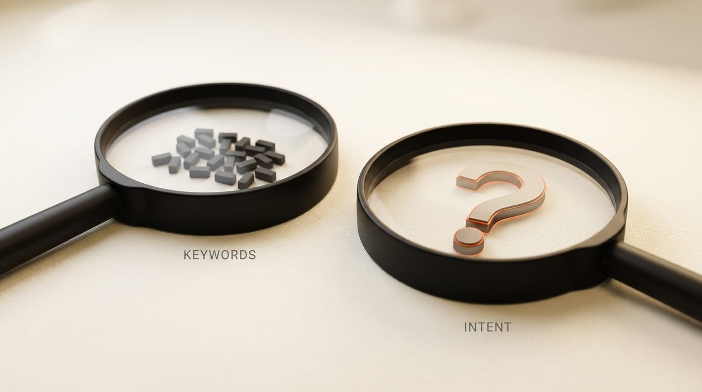 Diagram contrasting keyword search ranking with intent resolution on conversational queries