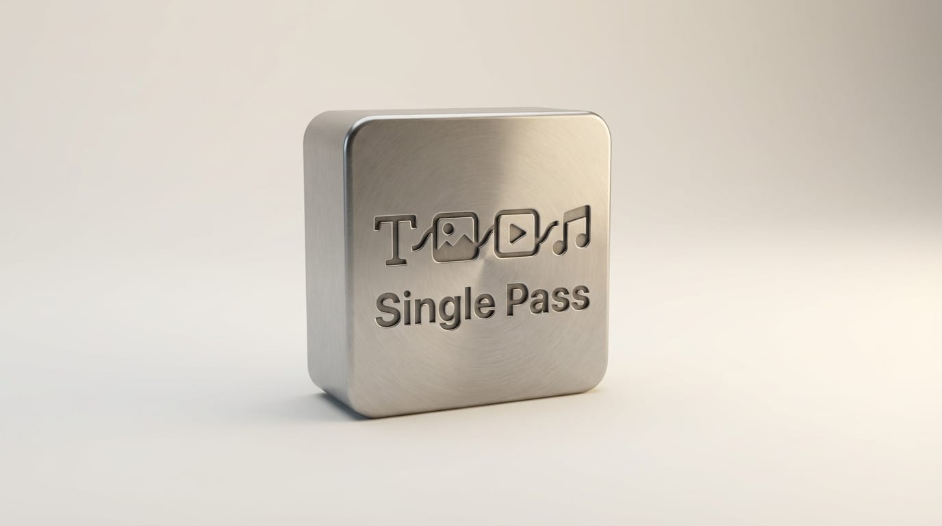 Single-pass architecture diagram showing unified text, image, video, and audio token processing