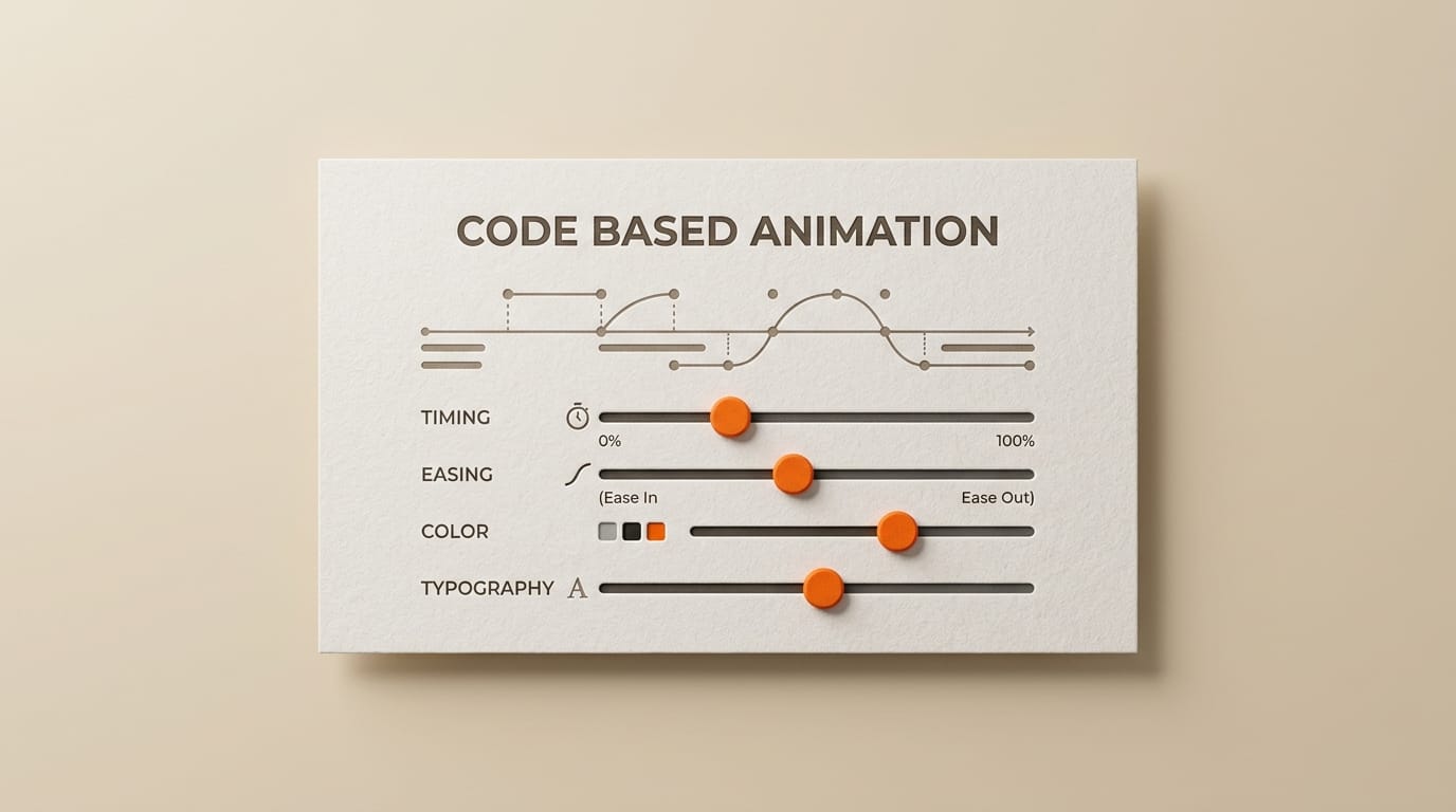 Code-based animation timeline with editable timing easing color and typography parameters