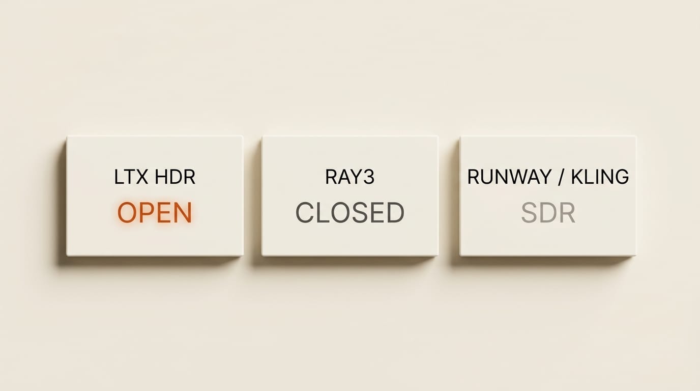 Comparison of AI video HDR options: LTX HDR open vs Ray3 closed vs Runway Kling SDR