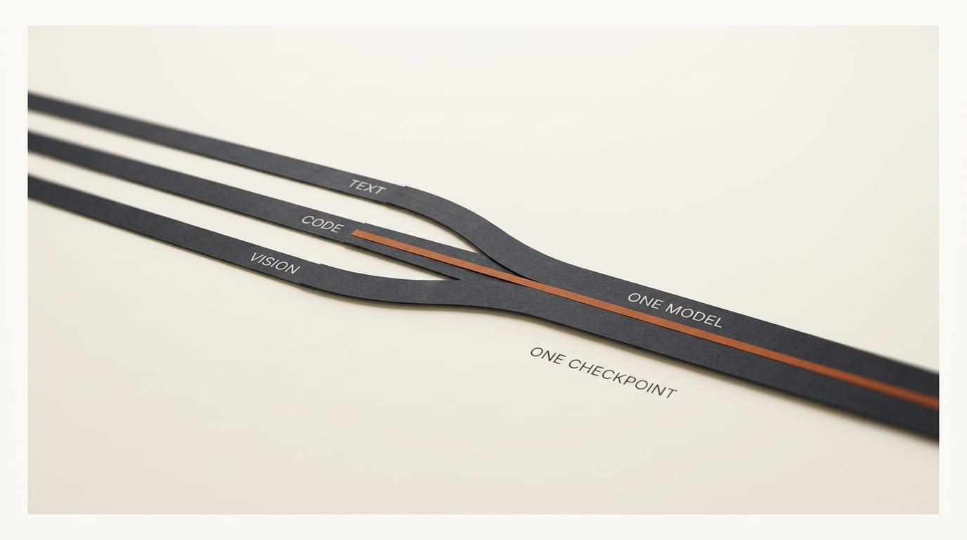 One checkpoint unifies text, code, and vision into a single dense model