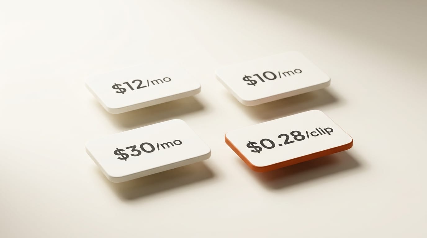 AI video tool price comparison: Runway $12/mo, Kling $10/mo, Luma $30/mo, Hailuo $0.28/clip