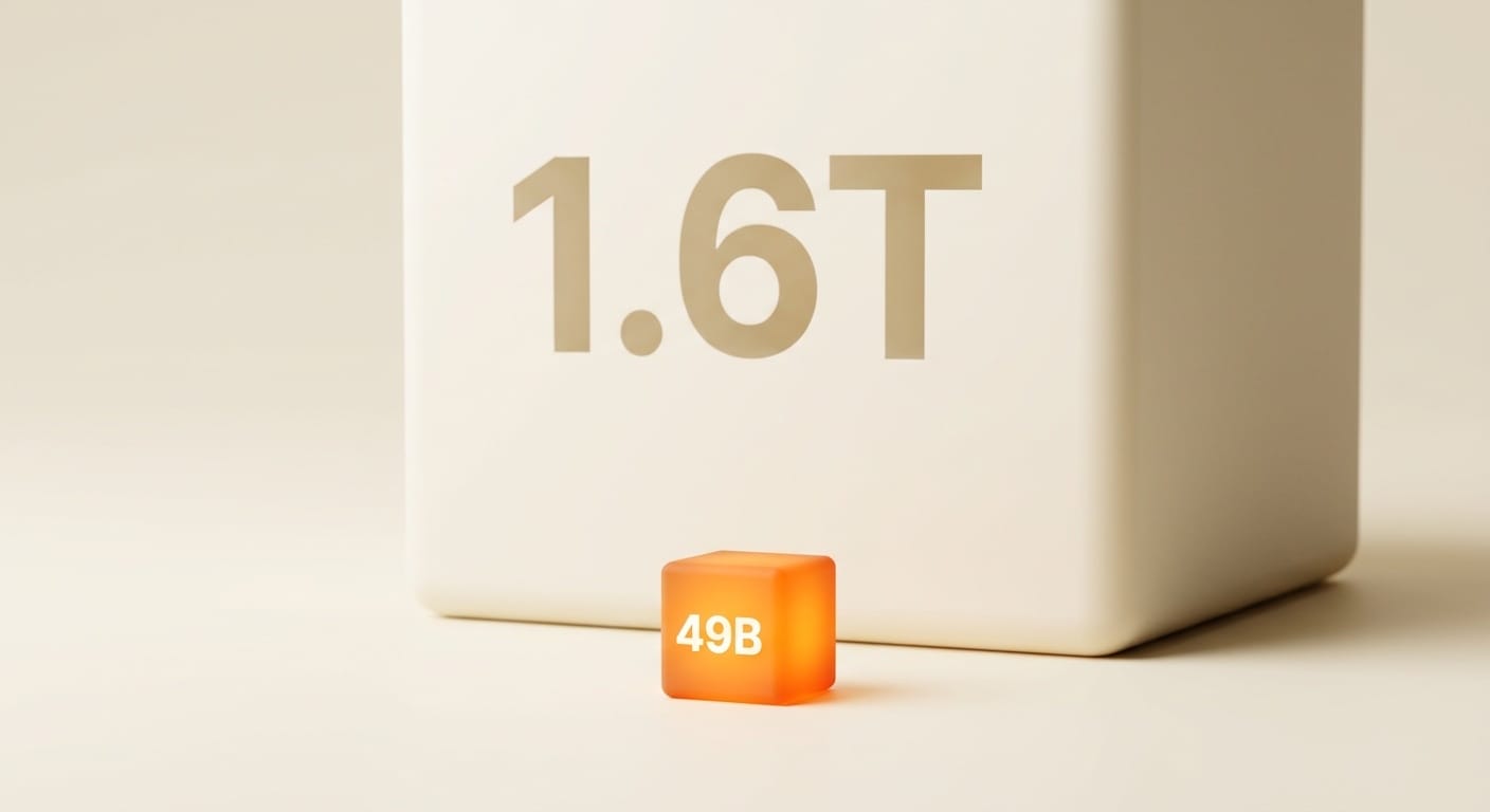 Diagram contrasting DeepSeek V4-Pro's 1.6T total parameters with only 49B active per token