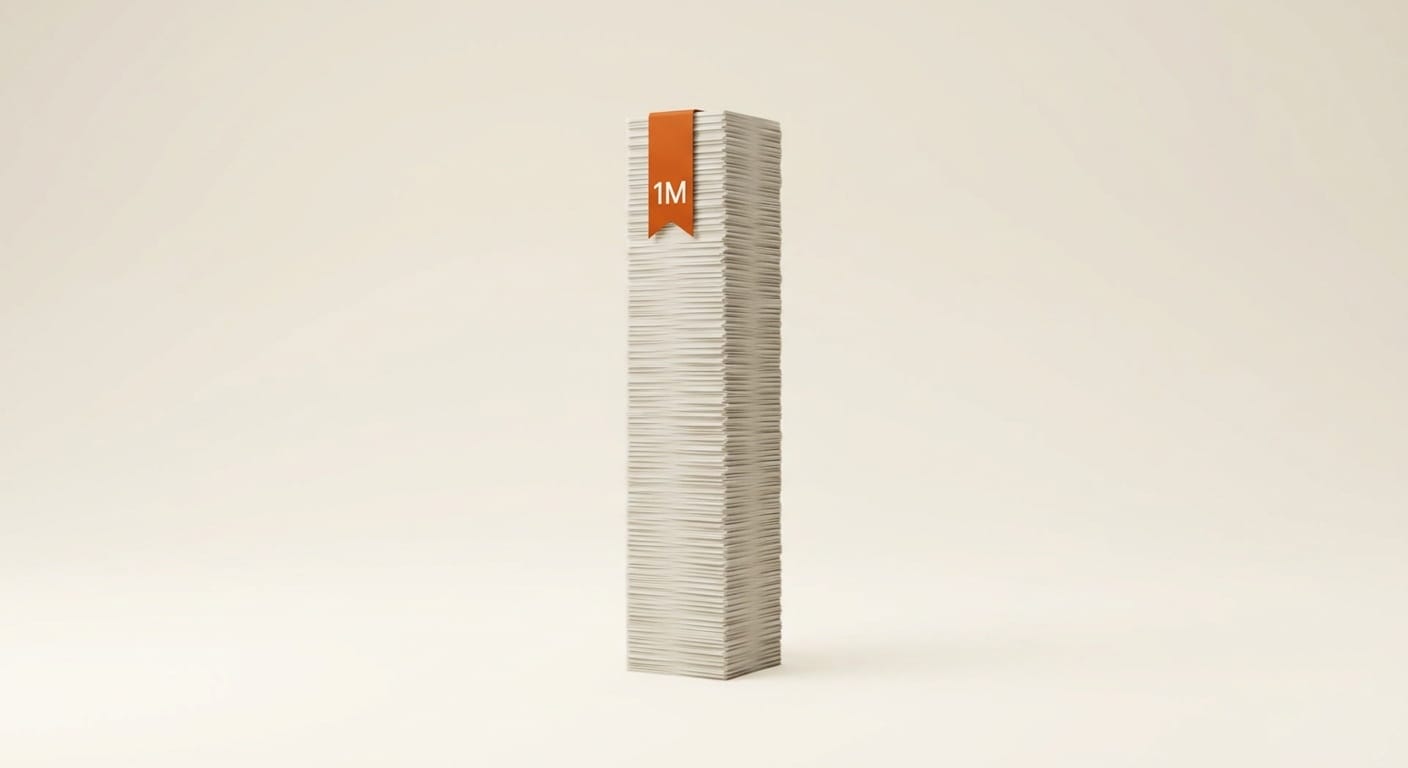 Visualization of the 1M token context window as a tall stack of paper wrapped with a marker labeled 1M