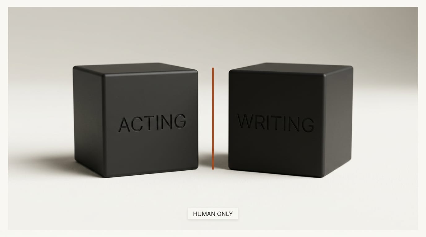 Two charcoal cubes labeled ACTING and WRITING separated by orange line