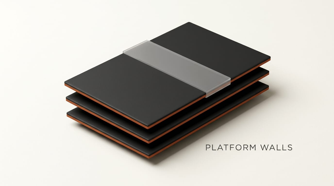 Three stacked tiles with orange edges and translucent restriction band: platform walls