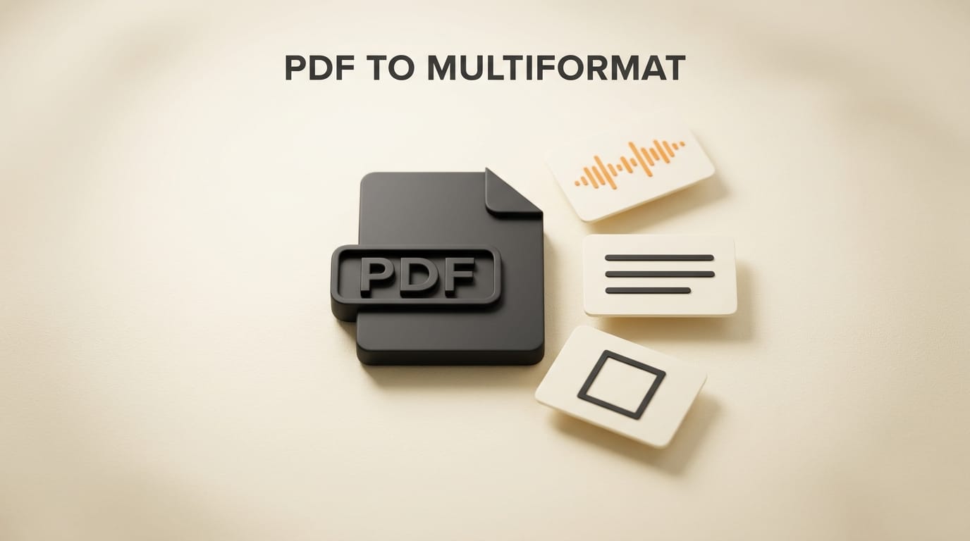 Charcoal PDF document with three output cards fanning out, representing PDF conversion to podcast, blog, and social formats.