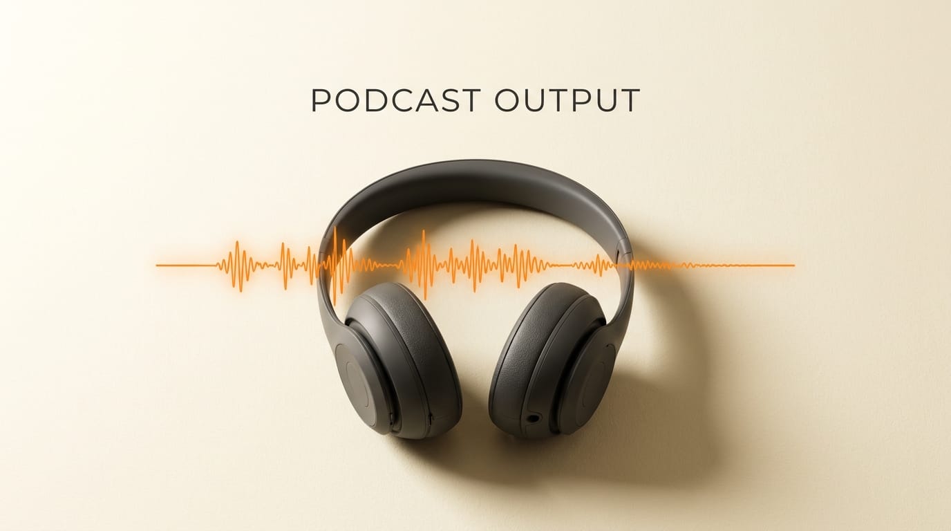 Charcoal headphones with an orange audio waveform representing the podcast output format.
