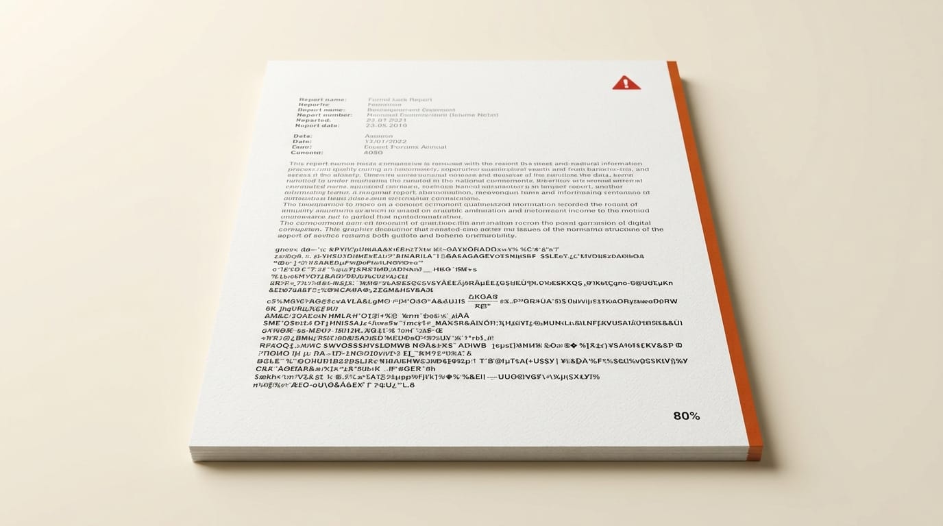 Document with corrupted garbled text on bottom half and warning triangle