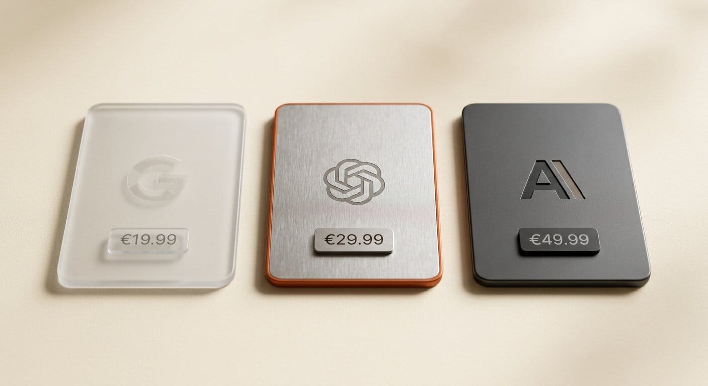 Three AI subscription cards comparing Google OpenAI and Anthropic