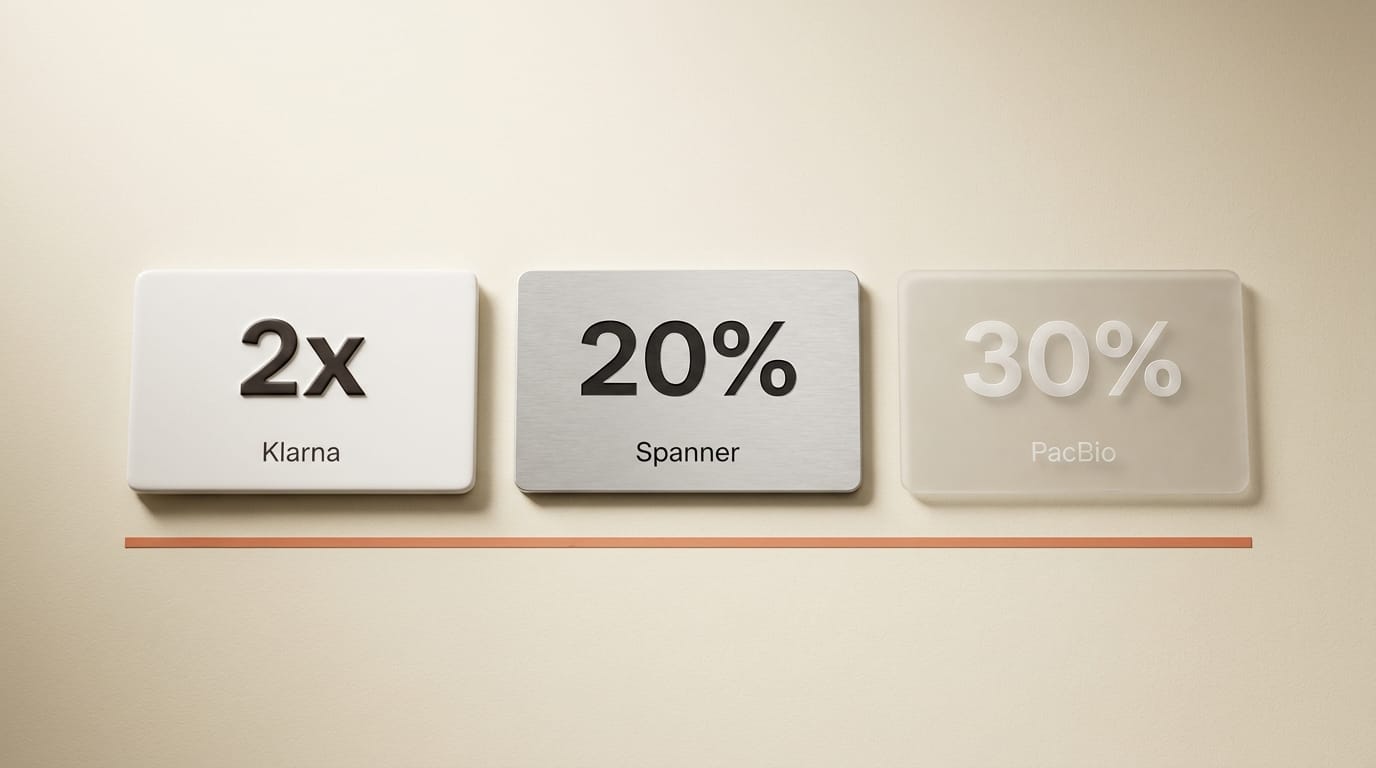 Three result cards: Klarna 2x, Spanner 20 percent, PacBio 30 percent