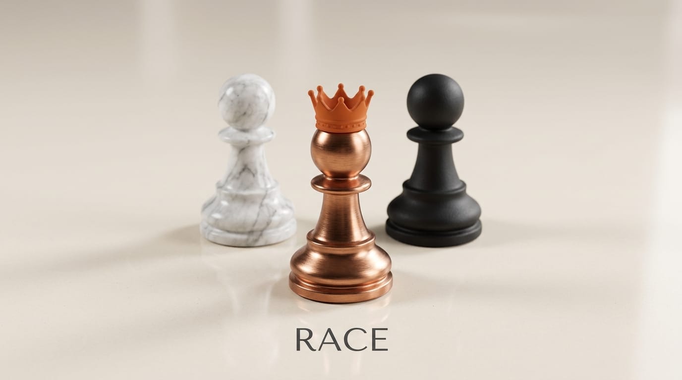 Three chess pawns in different materials representing AI company competition