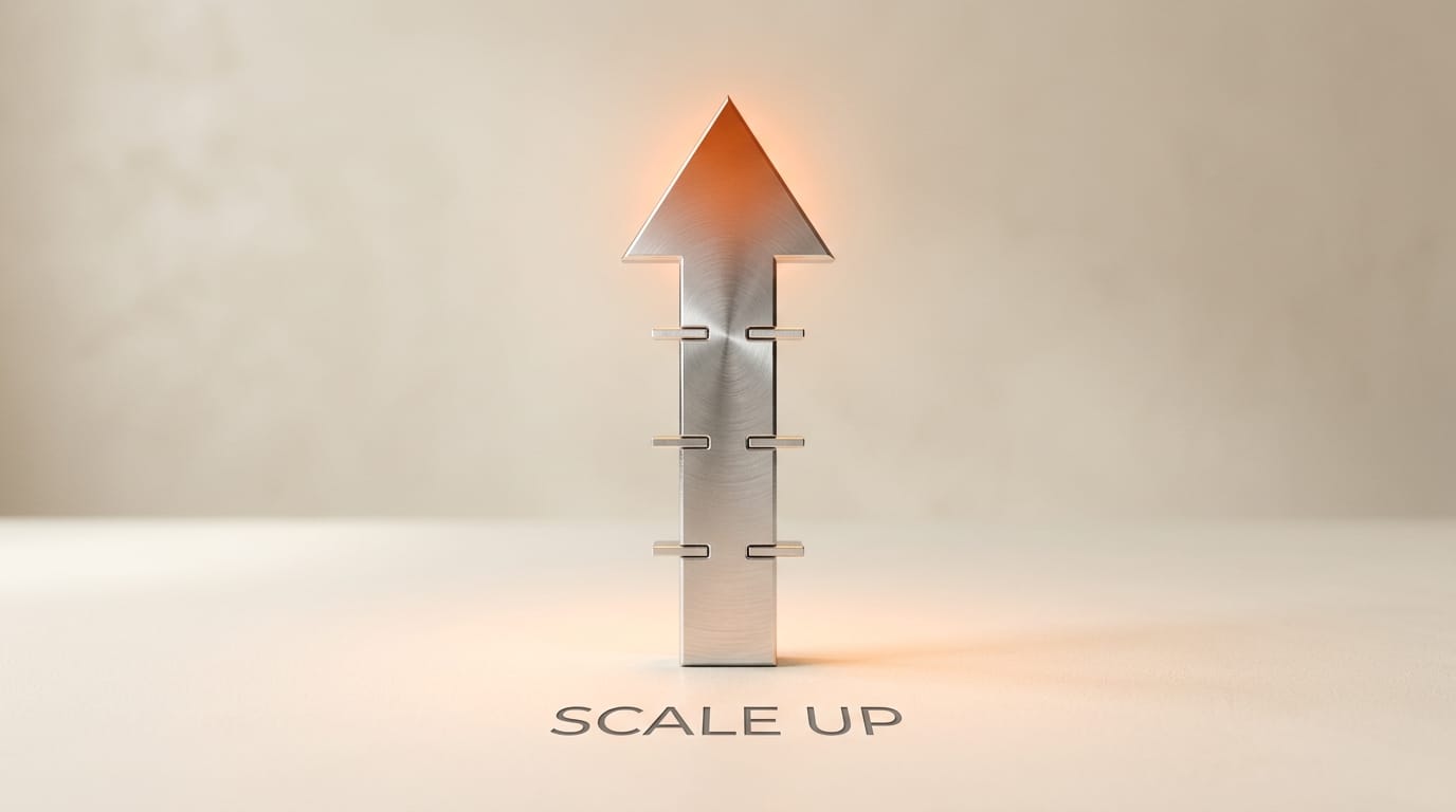 Upward arrow with milestone markers representing scaling infrastructure